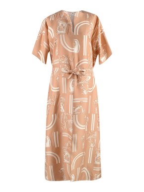 Hermes Rose Pierre De Lune En Desordre Finesse Caftan Belted Dress