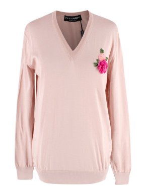 Dolce & Gabbana Blush Silk Fine Knit Top with Flower Detail