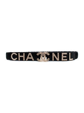 Chanel Black Crystal Logo Elasticated Leather Belt