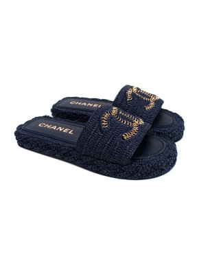 Chanel Navy Raffia CC Sandals