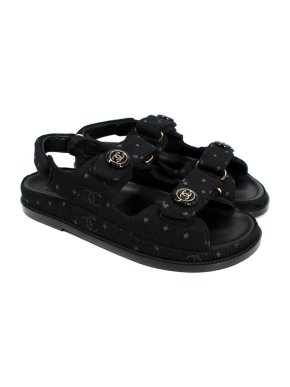 Chanel Black Printed Denim Dad Sandals