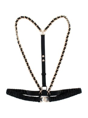 Chanel Black Leather and Champagne Gold Chain Belt Suspenders