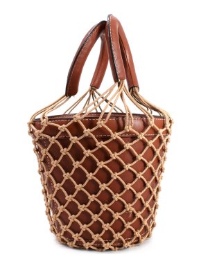 Staud Brown Leather Bucket Bag with Woven Nettin