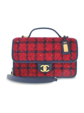 Chanel Red and Navy Small Tweed Top Handle