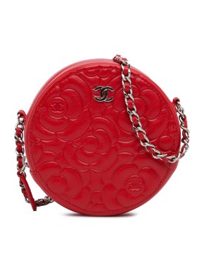 Chanel Red Goatskin Camellia Embossed Round Crossbody Bag
