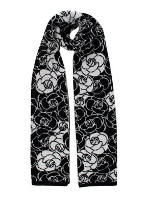 Chanel Black and White Camellia Intarsia Cashmere Scarf