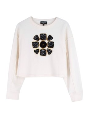 Chanel Ivory Cropped Sweatshirt with Tweed Embroidered Detail