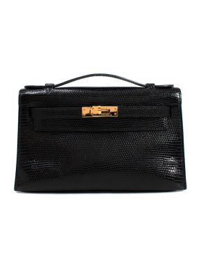 Hermes Kelly Pochette Bag in Black Shiny Niloticus Lizard with Gold Hardware
