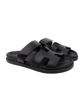 Hermes Black Leather Chypre Sandals