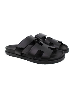 Hermes Black Leather Chypre Sandals