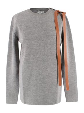 Loewe Grey Fine Knit Jumper with Leather Strap Detail