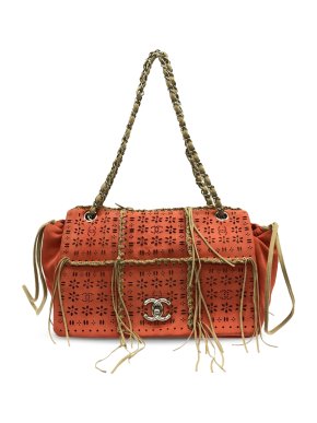 Chanel Orange Laser Cut Fringe Suede Flap Bag