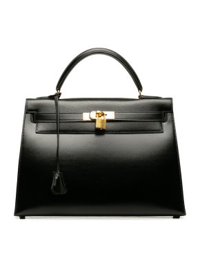 Hermes Vintage Black Kelly 32 Sellier in  Box Calf Leather with Gold Hardware