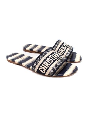 Dior Navy Striped Embroidered Dway Slides