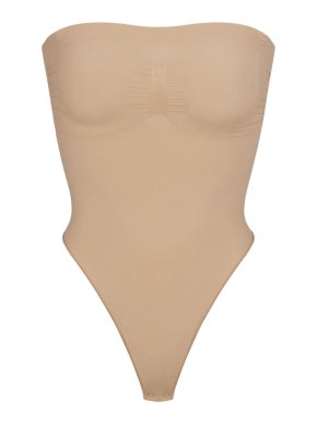 SKIMS Seamless Sculpt Strapless Thong Bodysuit in Clay