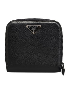 Prada Black Saffiano Leather Zip Around Compact Wallet