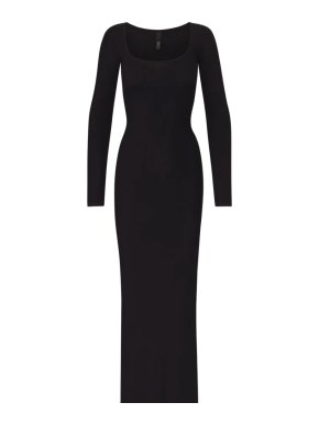 Skims Ribbed Long Sleeve Lounge Dress In Onyx