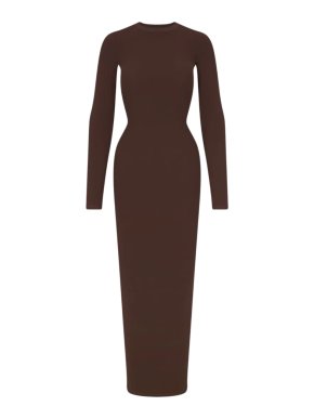 SKIMS Fits Everybody Crewneck Long Sleeve Bodycon Dress in Cocoa