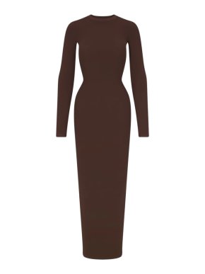 Skims Fits Everybody Crew Neck Long Sleeve Dress in Cocoa