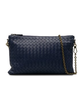Bottega Veneta Navy Blue Leather Intrecciato Chain Crossbody Bag