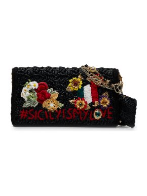 Dolce& Gabbana Black 'I Love Sicily'  Embellished Straw Shoulder Bag