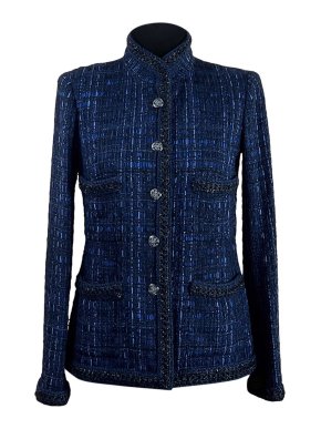 Chanel Black and Blue High Neck Tweed Jacket