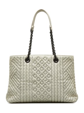 Bottega Veneta Cream Medium Intrecciato Stitched Double Chain Tote