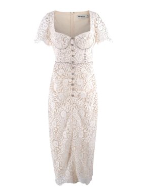 Self Portrait Cream Lace Crystal-Embellished Midi Dress