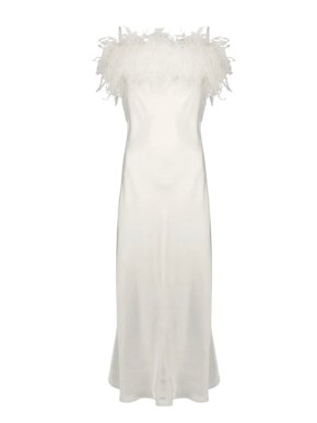 Sleeper White Boheme Feather Trimmed Slip Dress