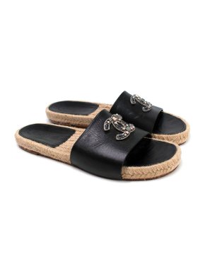 Chanel Black Leather Interlocking CC Slides