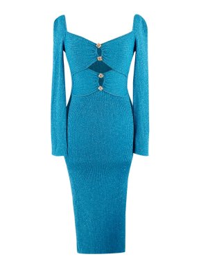 Self Portrait Metallic Blue Ribbed Cut Out Midi Dress