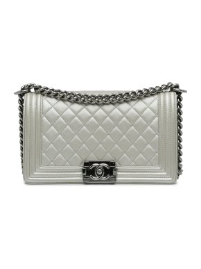 Chanel Silver Caviar Leather Medium Boy Bag