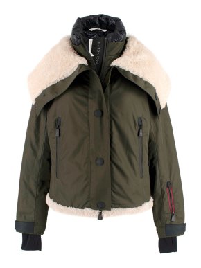 Moncler Khaki Martigny Coat with Beige Shearling Trim