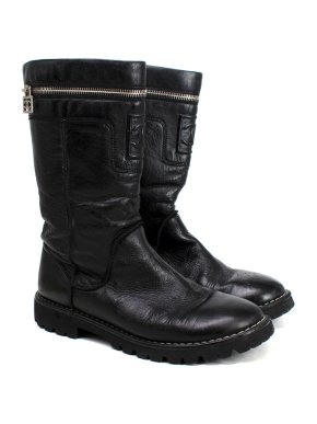 Chanel Black Leather CC Zipper Detail Biker Boots