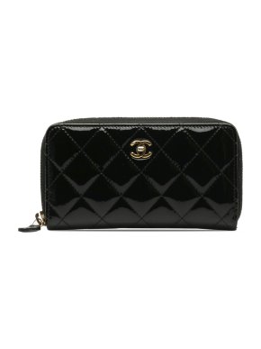 Chanel Black Patent Leather Zip Around Long Wallet