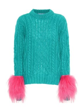 Prada Green Cable Knit Jumper with Feather Trimmed Cuffs