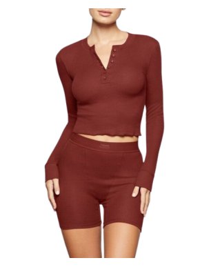 Skims Long Sleeve Henley Ribbed Sangria Top