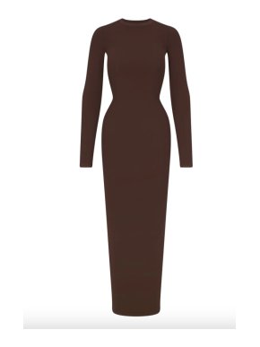 Skims Fits Everybody Crew Neck Long Sleeve Dress in Cocoa