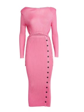 Self Portrait Pink Ribbed Midi Dress with Drawstring Waist Detail