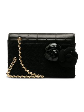 Chanel Black Chocolate Bar Tweed Camellia Clutch