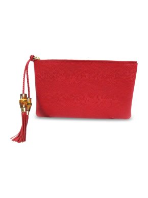 Gucci Red Leather Bamboo Tassel Clutch Bag