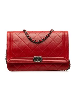 Chanel Red Lambskin Boy Wallet On Chain