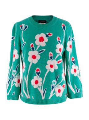 Chanel Green Floral Intarsia Cashmere Sweater