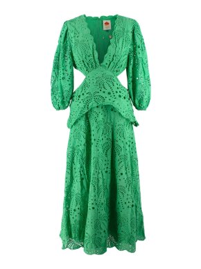 Farm Rio Green Embroidery Anglaise  Cut Out Midi Dress