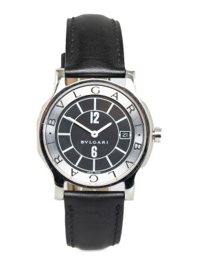Bvlgari Black Leather Quartz Solotempo Date Watch