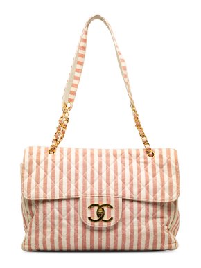 Chanel Red and White Striped Linen XXL Travel Flap Bag
