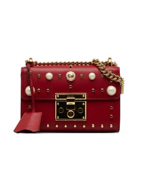 Gucci Red Small Pearl Embellished Studded Padlock Crossbody Bag