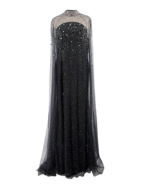 Jenny Packham Black Embellished Ingrid Cape Gown