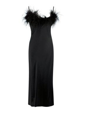 Sleeper Black Satin Boheme Feather Trim Slip Dress