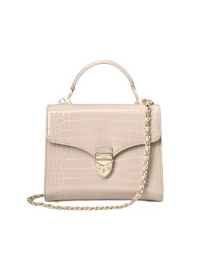 Aspinal of London Taupe Patent Croc Embossed Mini Mayfair Bag